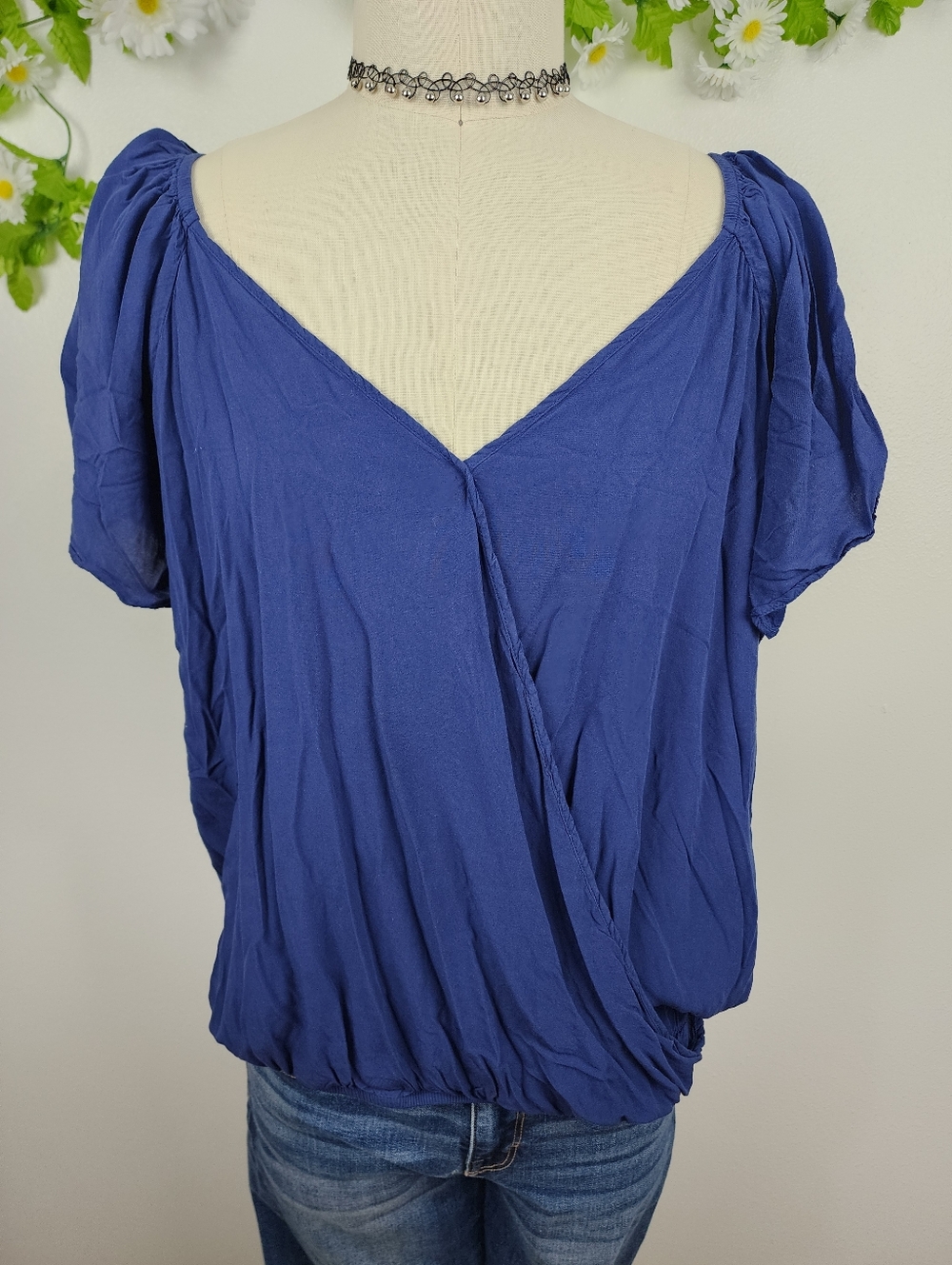 Bloomchic Blue Top -  Wrap-Style Shirt Flutter Sleeve Sz 12